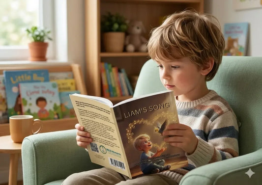 Child reading the WILD Moments children's book "LIAMS SONG" about true parrot adventures.