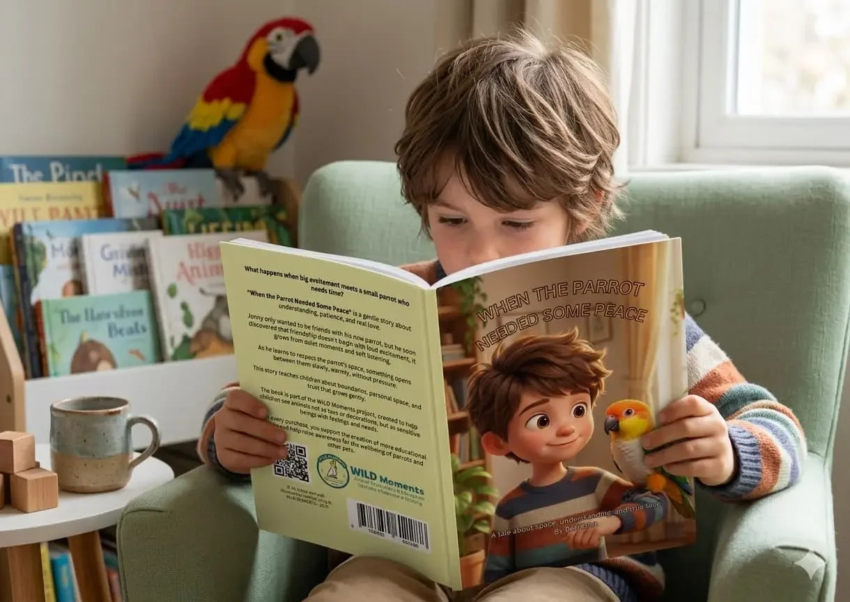 Children's book "When the Parrot Needed Some Peace" by WILD Moments. Educational story about parrot boundaries, personal space, and animal welfare.
