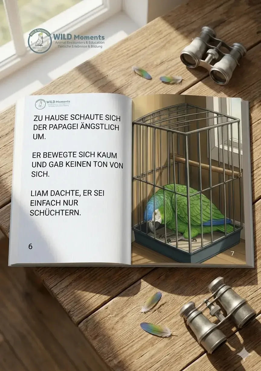 Innenseite des Kinderbuchs "Als das Zuhause nicht genug war" von WILD Moments. Die Illustration zeigt die Sehnsucht eines Vogels nach Freiheit und thematisiert die artgerechte Haltung von Papageien.