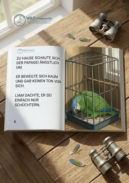 Innenseite des Kinderbuchs "Als das Zuhause nicht genug war" von WILD Moments. Die Illustration zeigt die Sehnsucht eines Vogels nach Freiheit und thematisiert die artgerechte Haltung von Papageien.