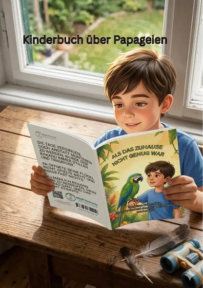Kinderbuch "Als das Zuhause nicht genug war" von WILD Moments. Eine Geschichte über die Bedürfnisse von Papageien und die wichtige Entscheidung für ihr wahres Wohlbefinden.
