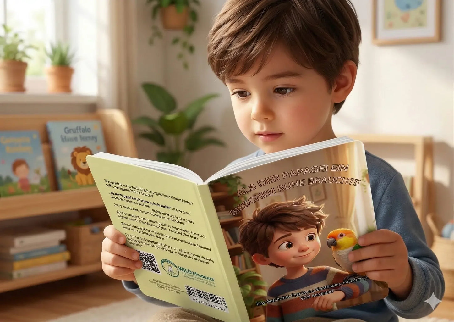 Kinderbuch "Als der Papagei ein bisschen Ruhe brauchte" von WILD Moments. Ein Buch über den respektvollen Umgang mit Papageien und deren Bedürfnissen.