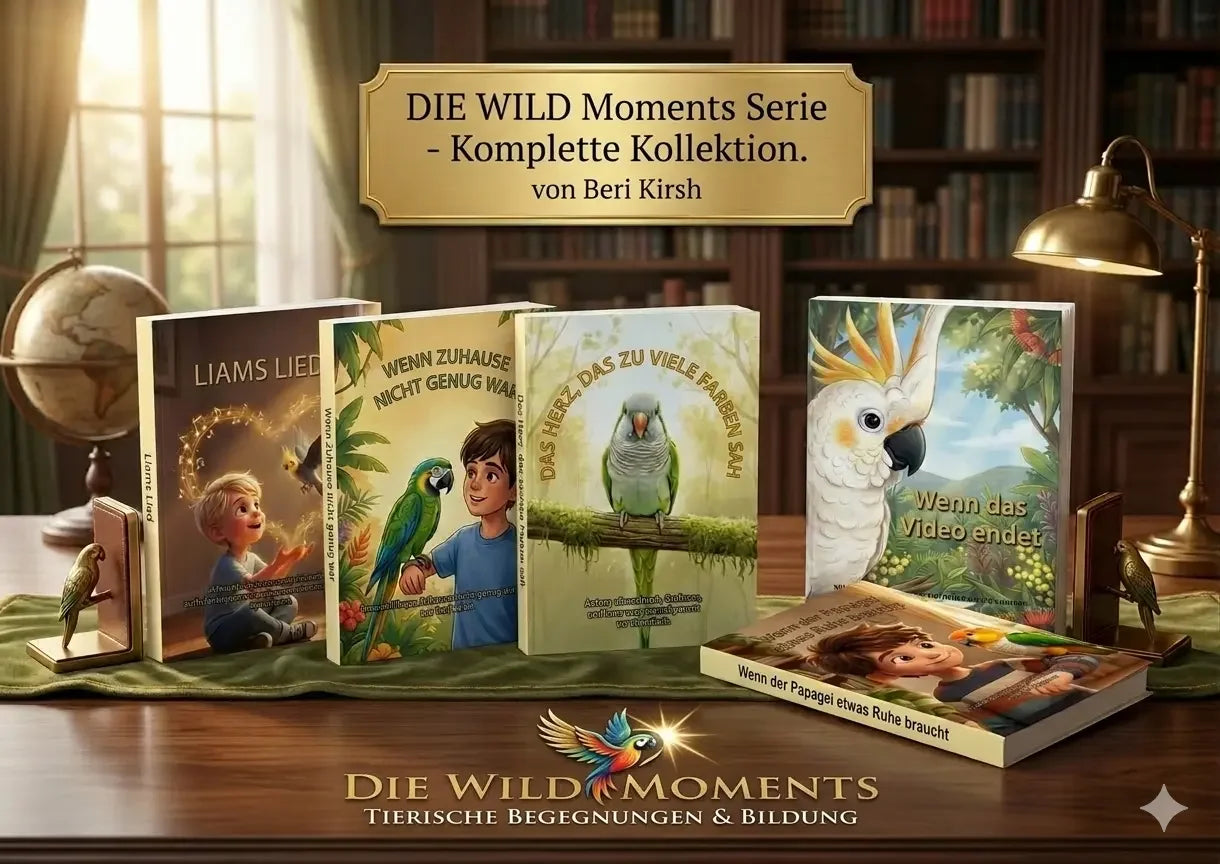 Blick auf die WILD Moments Serie - Komplette Kollektion: Fünf Kinderbücher auf einem Holztisch zwischen goldenen Papageien-Buchstützen. 