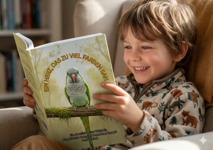 Kinderbuch "Ein Herz, das zu viel Farben sah" von WILD Moments. Eine Geschichte über Wahrheit, Mitgefühl und die besondere Verbindung zu einem Papagei.