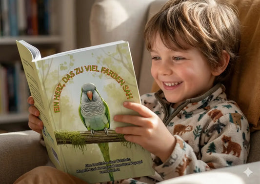 Kinderbuch "Ein Herz, das zu viel Farben sah" von WILD Moments. Eine Geschichte über Wahrheit, Mitgefühl und die besondere Verbindung zu einem Papagei.