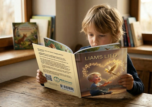 Kind liest das WILD Moments Kinderbuch "LIAMS LIED" über wahre Papageien-Abenteuer.