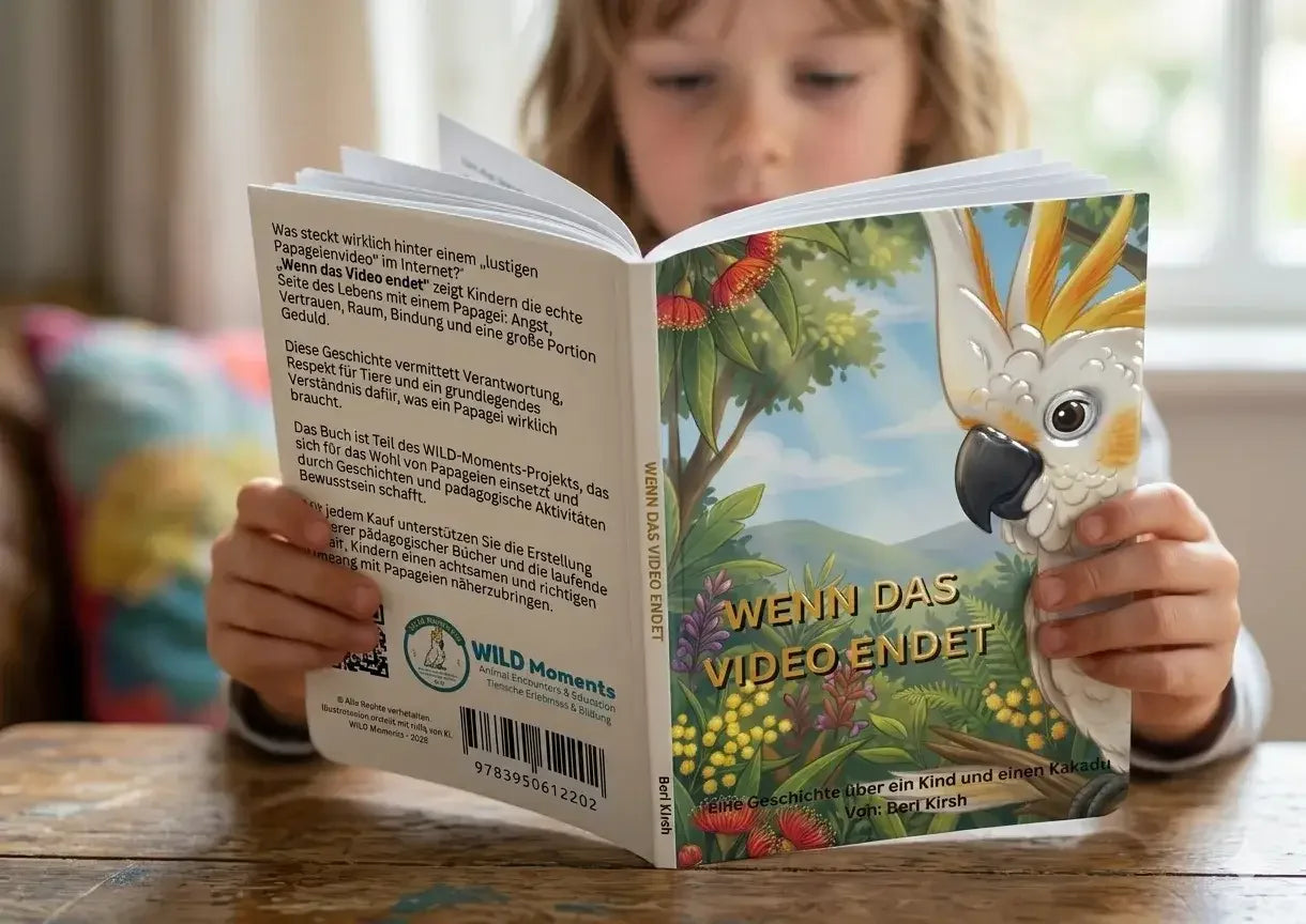 Kinderbuch "Wenn das Video endet" von WILD Moments. Eine Geschichte über Verantwortung und Respekt für Tiere, die zeigt, was ein Papagei wirklich braucht.